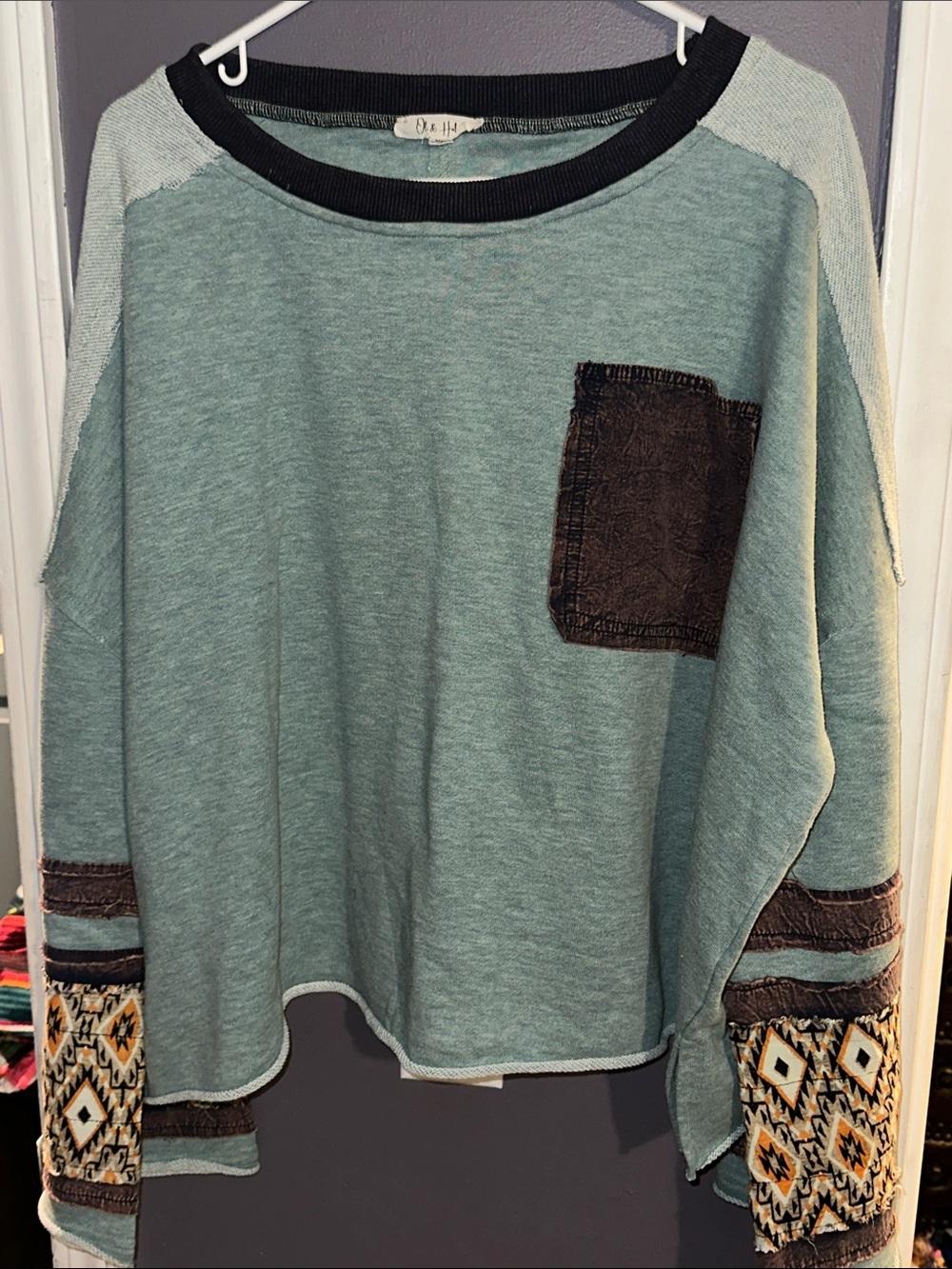Oli & Hali Teal Patchwork Pullover with Brown Pocket and Patterned Sleeves